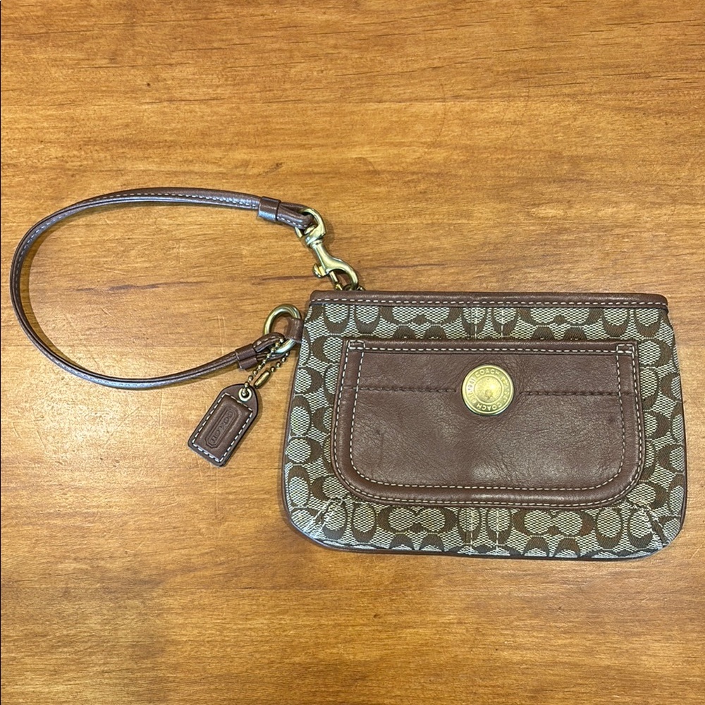 COACH Brown Signature Wristlet C Logo Leather Strap Pocket & Trim Brass Hardware